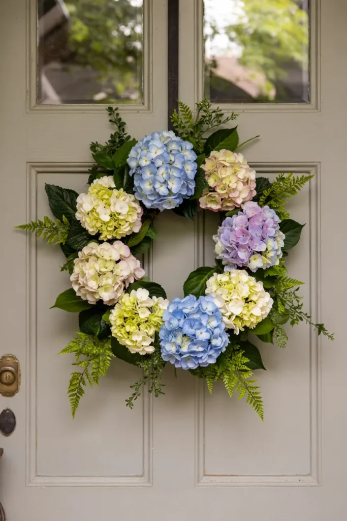 Lush hydrangea and cascading fern spring wreath with trailing greenery hanging on a closed front door in a cozy garden-inspired style.