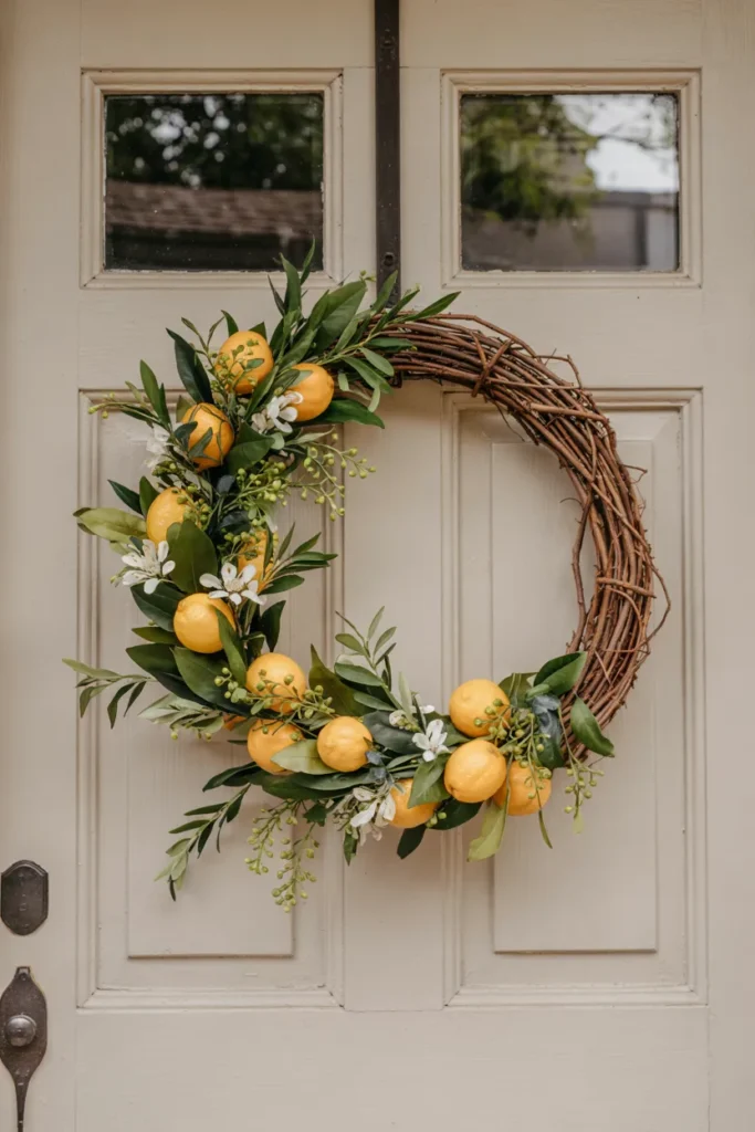 Farmhouse spring wreath with bright yellow lemons and fresh greenery hanging on a closed front door, styled in a cozy rustic entryway.