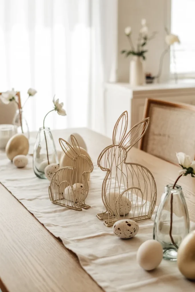 Minimalist Easter tablescape with wireframe bunny sculptures, neutral linens, soft spring florals, and modern table styling in a bright, airy dining room.