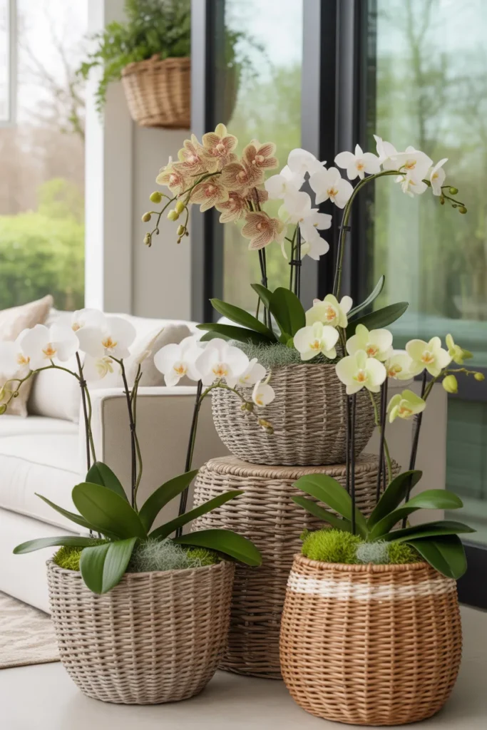 Modern orchid arrangement in woven baskets with minimal greenery, styled in a bright spring interior with natural textures.