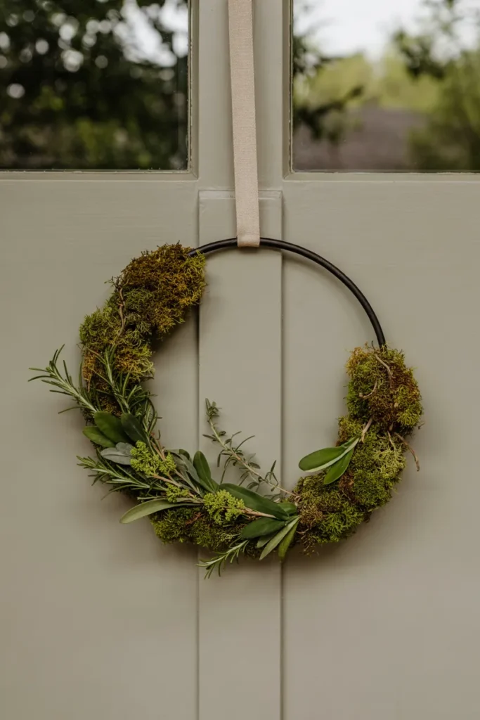 Moss-based hoop spring wreath with rosemary, sage, and herb sprigs hanging on a closed front door, styled in a cozy natural botanical aesthetic.
