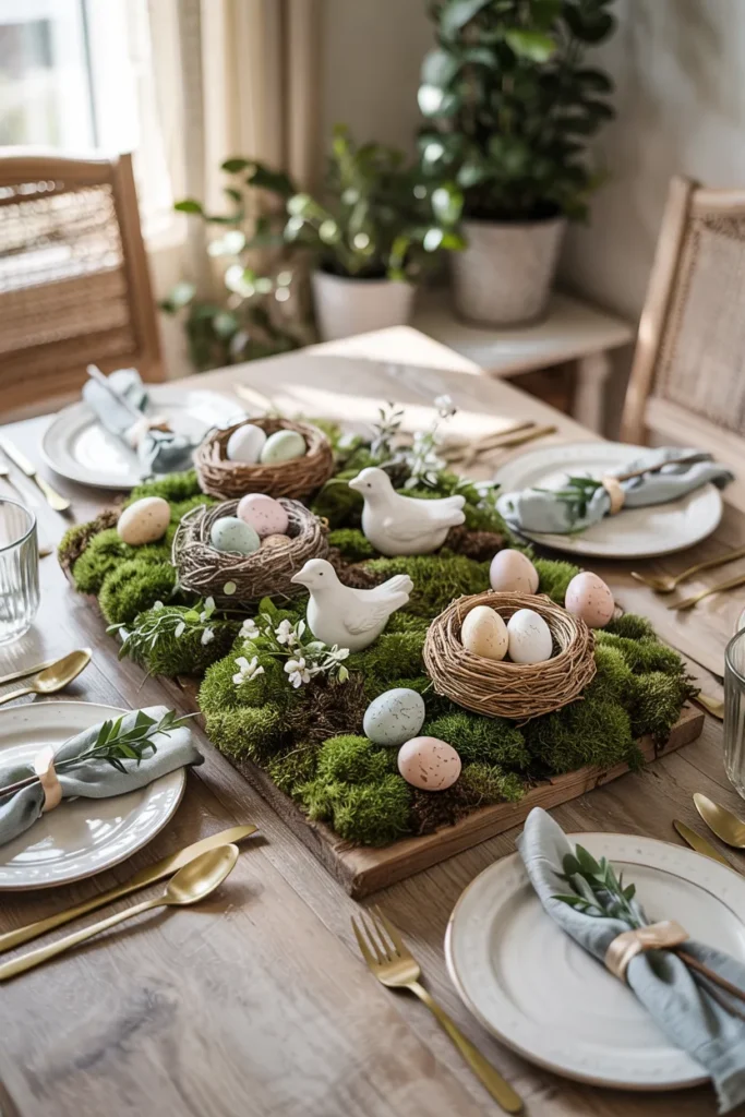 Spring tablescape with a moss-covered tray centerpiece, nests of speckled eggs, small bird figurines, delicate spring flowers, sage napkins, and warm wood table in sunlit cottage dining room.