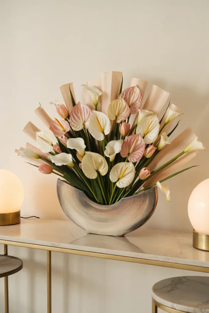 Neo-Deco fan-shaped spring bouquet with structured pastel flowers in a sculptural vase, styled in a modern glamorous interior.