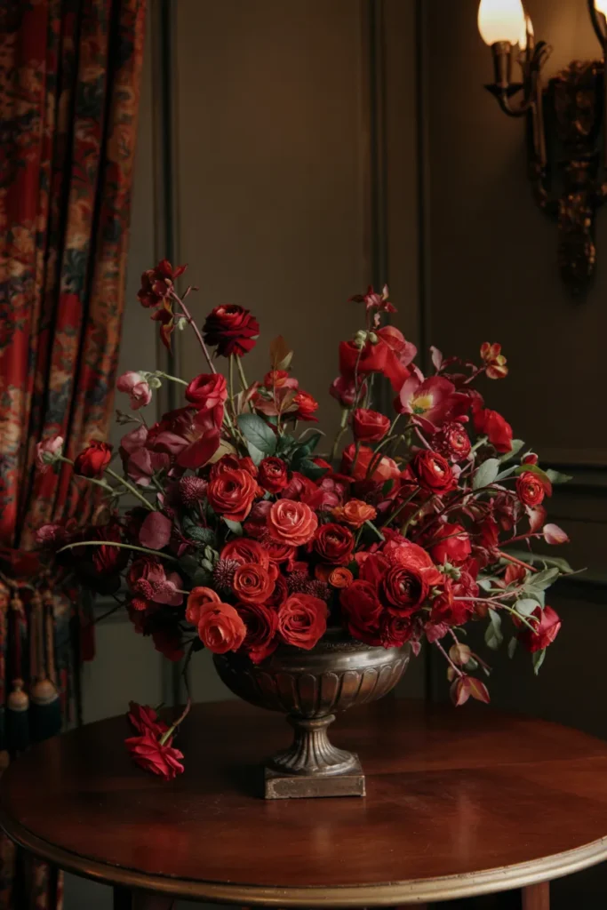 Opera-style spring floral arrangement with deep ruby roses and burgundy ranunculus in a dramatic luxurious interior setting.