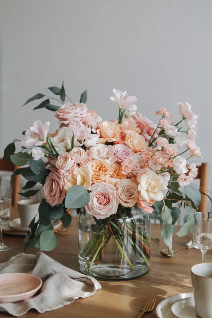 Lush spring floral arrangement with pastel roses, peonies, and lilies layered with eucalyptus greenery in soft natural light.