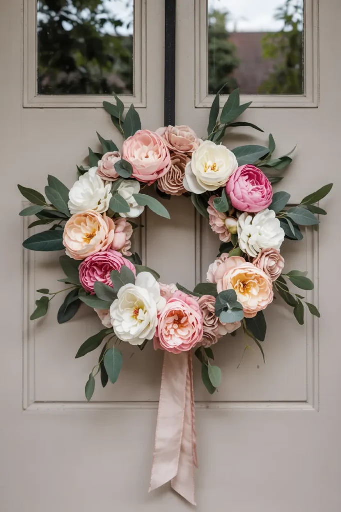 Romantic spring wreath with blush peonies and eucalyptus greenery hanging on a closed front door, styled in a cozy elegant spring entryway.