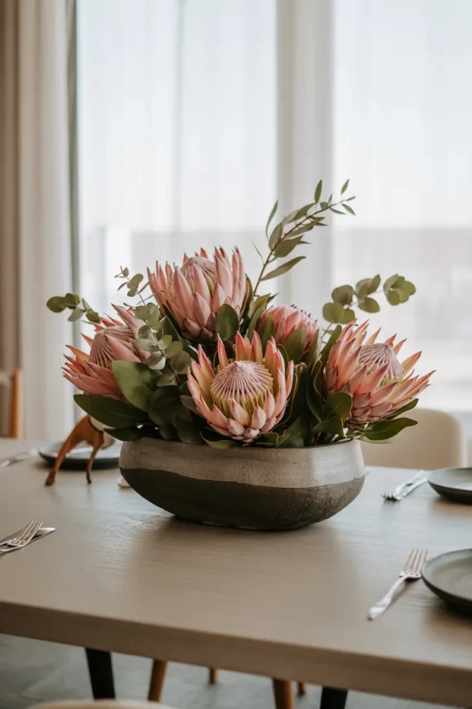 Modern spring centerpiece featuring bold protea flowers in a neutral ceramic bowl, styled in a minimalist contemporary interior.