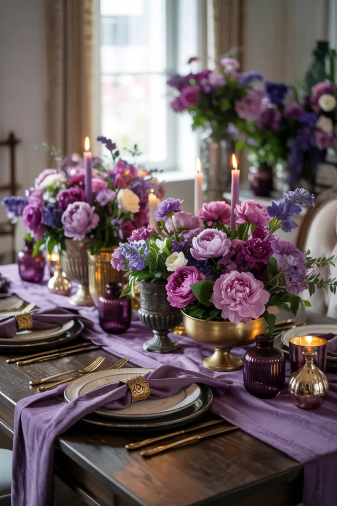 Luxurious purple spring tablescape with deep violet linens, gold flatware, cream plates, opulent purple florals (peonies, anemones, ranunculus), tapered candles, and amethyst-tinted glassware on a dark wood table in a sunlit dining room.