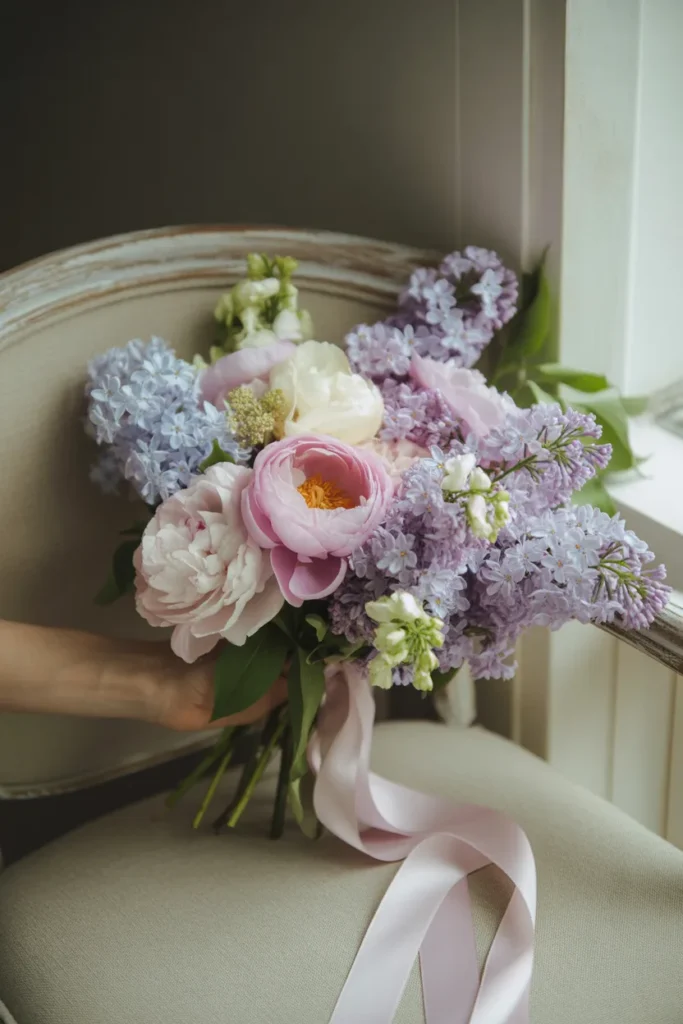 Ribbon-tied spring posy with peonies and lilacs, featuring soft pastel blooms and flowing ribbon in gentle natural light.