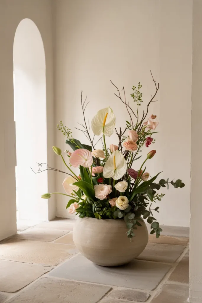 Modern sculptural spring floral arrangement in a minimalist entryway, featuring architectural flowers in soft blush, ivory, and sage tones styled as artistic decor.