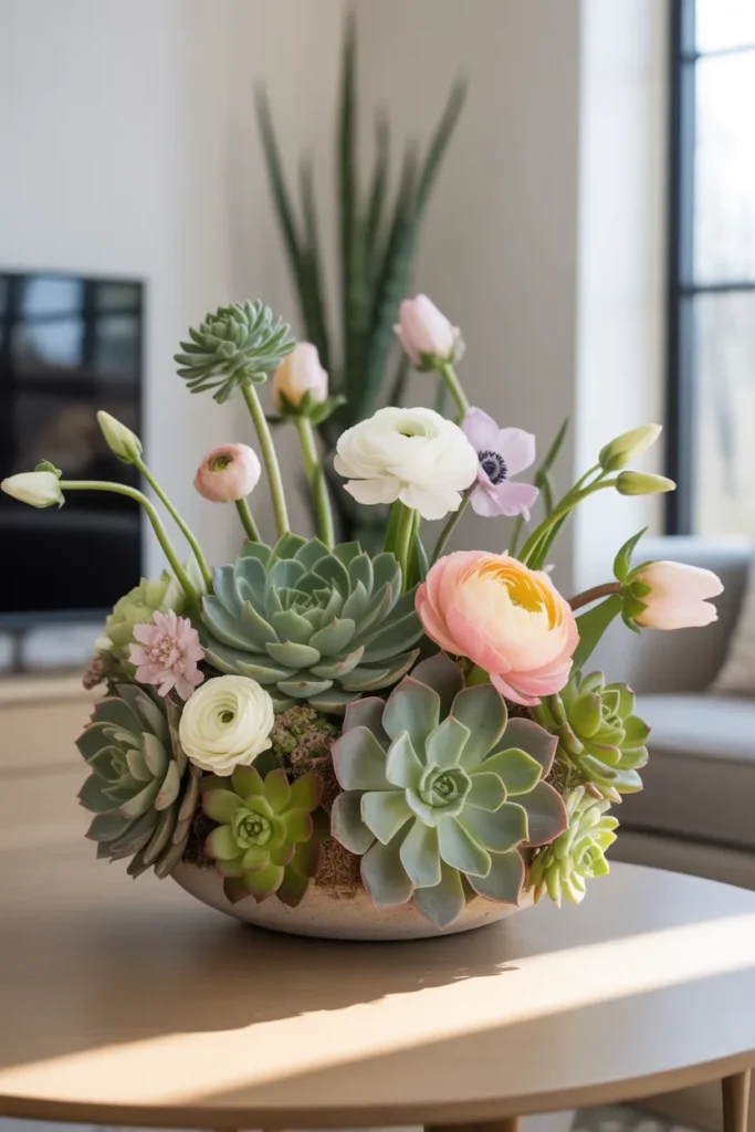 Modern spring arrangement combining green succulents with soft pastel flowers in a shallow ceramic planter, styled in natural light.