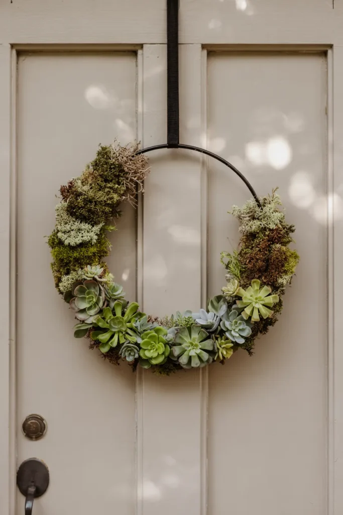 Earthy spring wreath with succulents and moss on a modern metal hoop hanging on a closed front door in a cozy, natural style.