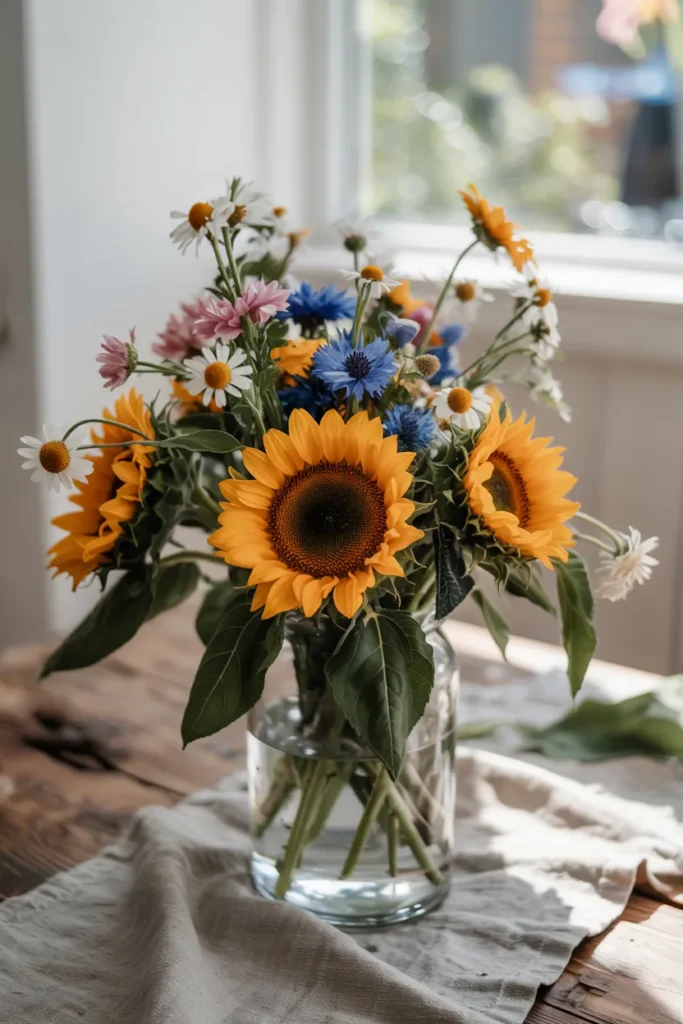Spring centerpiece with bright sunflowers and airy wildflowers arranged in a rustic vase on a sunlit table.