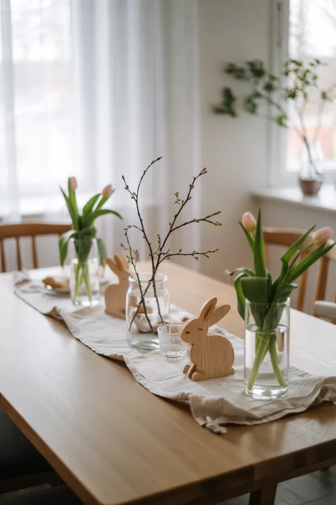 Scandinavian spring tablescape with linen runner, minimalist wooden bunny decor, neutral napkins, light wood table, and simple spring florals in a serene, sunlit dining space.