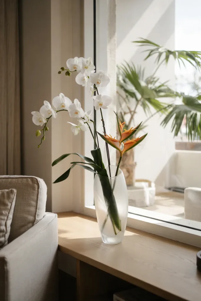 Minimalist tropical spring arrangement with white orchids in a sleek neutral vase, styled in a bright modern interior with soft natural light.