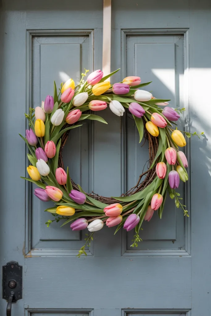 Pastel tulip spring wreath with pink, yellow, and white tulips on a grapevine base hanging on a closed front door, styled in a cozy festive spring garden aesthetic.