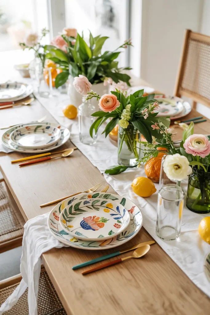 Vibrant spring tablescape with hand-painted botanical plates, colorful cutlery, fluted glassware, lush greenery, and bold garden-inspired decor on a bright dining table.
