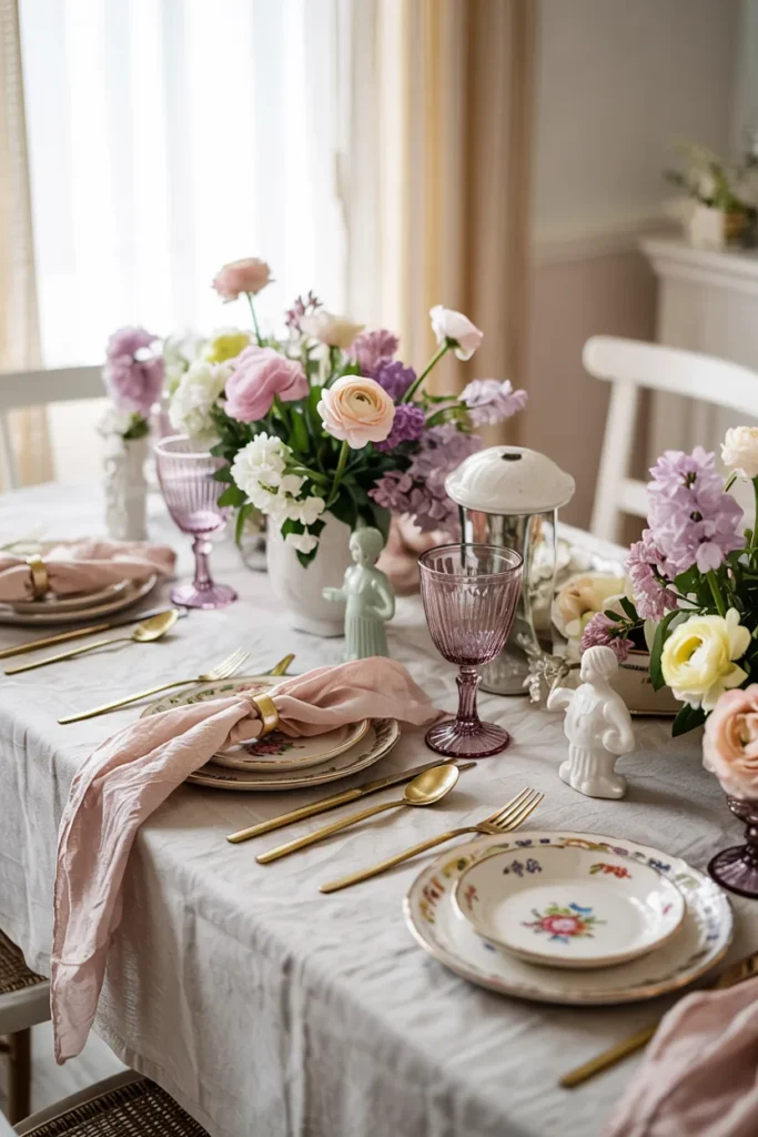 Vintage pastel spring tablescape featuring collected porcelain plates, pastel glassware, delicate florals, gold-accented flatware, and soft linen on a sunlit dining table, creating nostalgic yet chic ambiance.