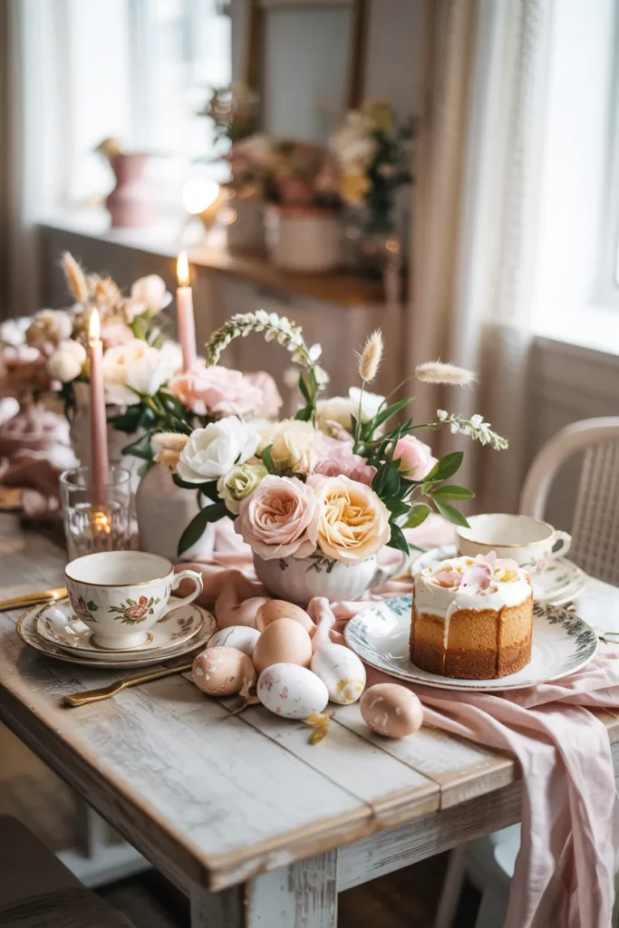 Dreamy storybook spring tablescape with muted blush ruffled linens, scalloped porcelain, soft garden roses and peonies, hand-painted watercolor eggs in lace nests, brushed gold flatware, and vintage props on a pale-wood table in warm window light.
