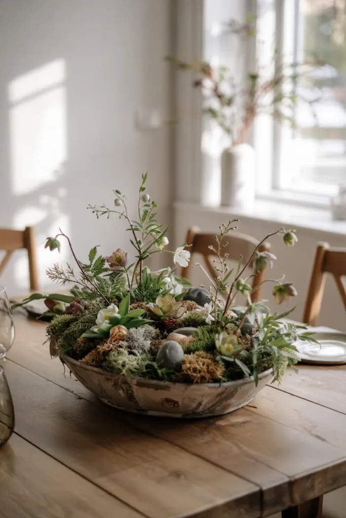 Forest-inspired spring centerpiece with moss, ferns, and natural greenery styled in a rustic bowl on a wooden table in soft daylight.