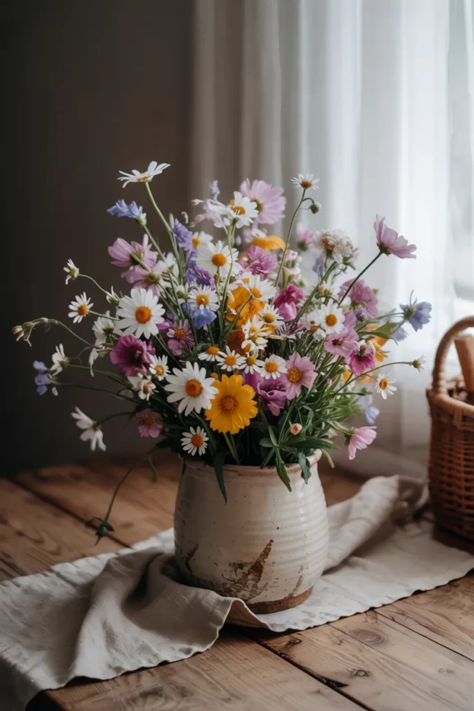 Loose wildflower meadow-style spring arrangement in a glass vase, featuring airy pastel blooms and greenery in warm natural sunlight.