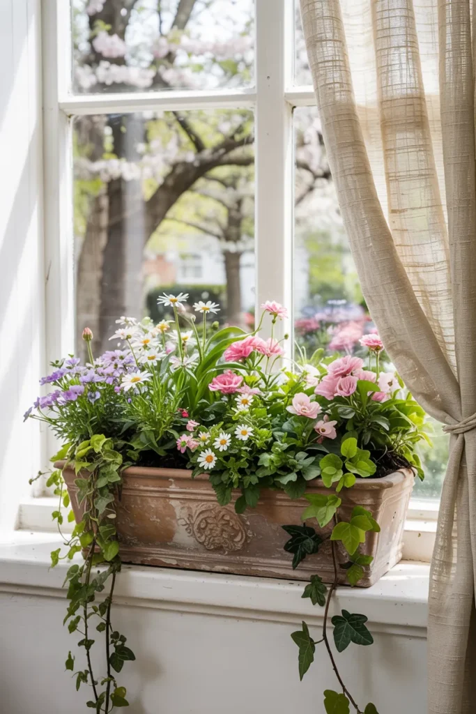 Spring window box garden with daisies, trailing greenery, and small blooms in a long planter, bathed in soft natural sunlight.