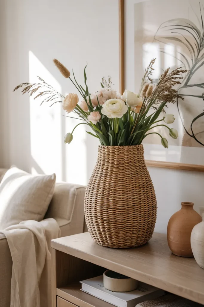 Earthy modern spring arrangement in a woven grass vase with soft neutral flowers and greenery, styled in warm natural light.