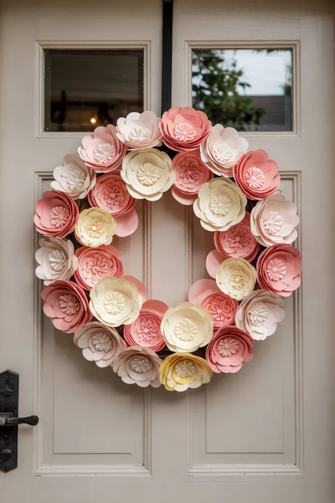 Colorful paper flower statement wreath with oversized handmade blooms hanging on a closed front door, styled in a creative spring DIY aesthetic.