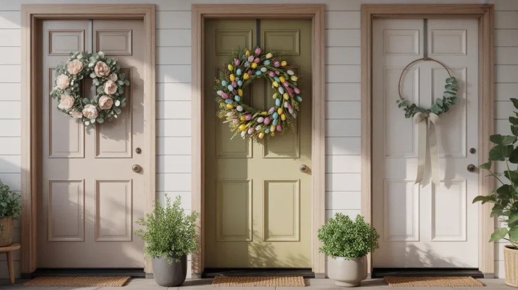 three closed front doors each with a different spring wreath — floral peony, tulip-and-egg statement, and minimalist eucalyptus hoop — styled in pastel spring colors for a cozy, Pinterest-ready wreath collection.