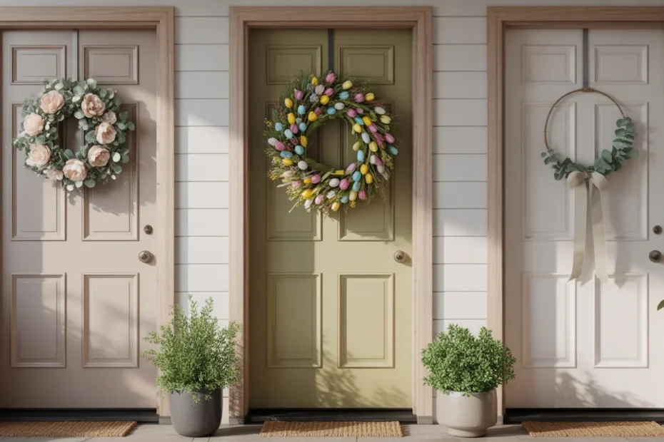 three closed front doors each with a different spring wreath — floral peony, tulip-and-egg statement, and minimalist eucalyptus hoop — styled in pastel spring colors for a cozy, Pinterest-ready wreath collection.