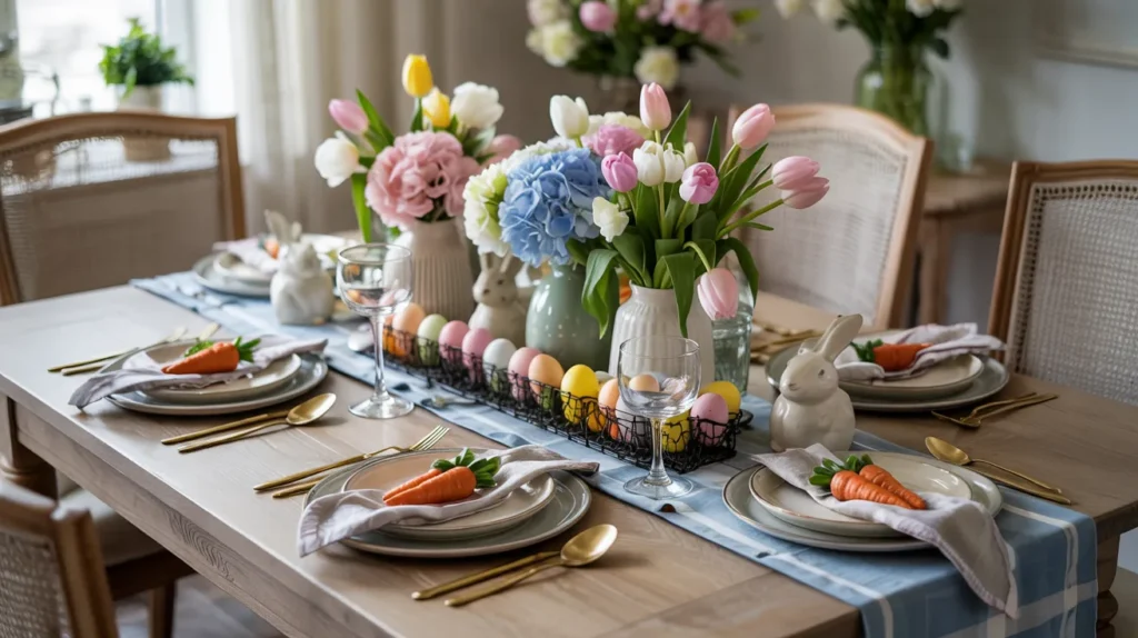 Elegant Easter tablescape with pastel plates, spring flowers, carrot napkin bundles, decorative eggs, and soft linens on a bright farmhouse table in a sunlit dining room.