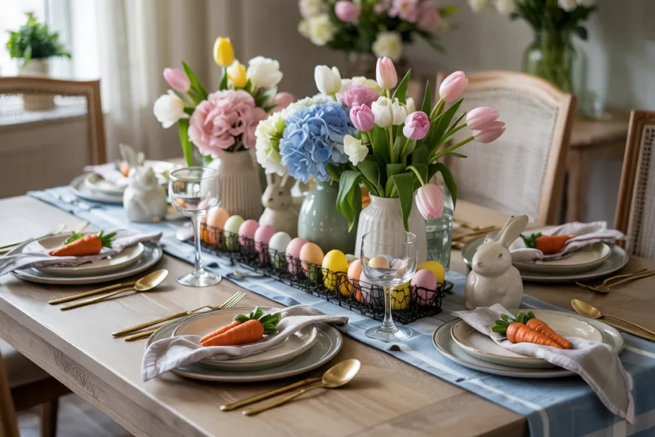 Elegant Easter tablescape with pastel plates, spring flowers, carrot napkin bundles, decorative eggs, and soft linens on a bright farmhouse table in a sunlit dining room.