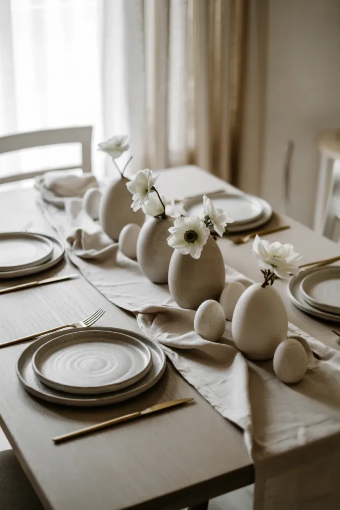 Monochrome Easter tablescape in soft dove grey or warm ivory with matte stoneware plates, neutral linen napkins, sculptural white vases, tone-on-tone eggs, minimal flatware, and soft daylight on a pale wood table.