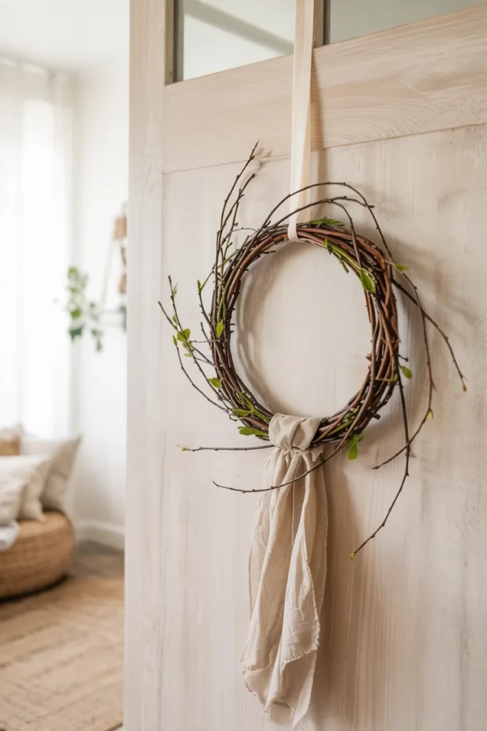 Scandinavian boho branch wreath made of natural spring twigs with a linen ribbon, hanging on a light wood front door in a minimalist entryway.