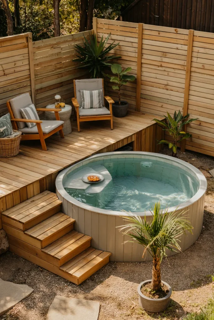 Above-ground plunge pool with DIY wooden deck, lounge chairs, clear turquoise water, and modern small backyard summer styling.