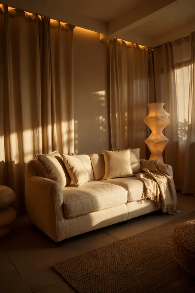 Modern summer living room with layered ambient lighting, floor and table lamps, hidden LED glow, neutral tones, and full cozy interior view.
