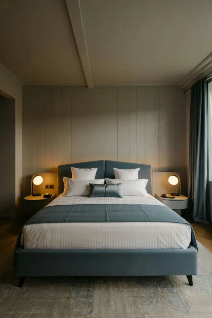 Boutique hotel-style smart bed bedroom with adjustable lighting, crisp luxury linens, muted blue tones, and a sleek sleep-optimized design.