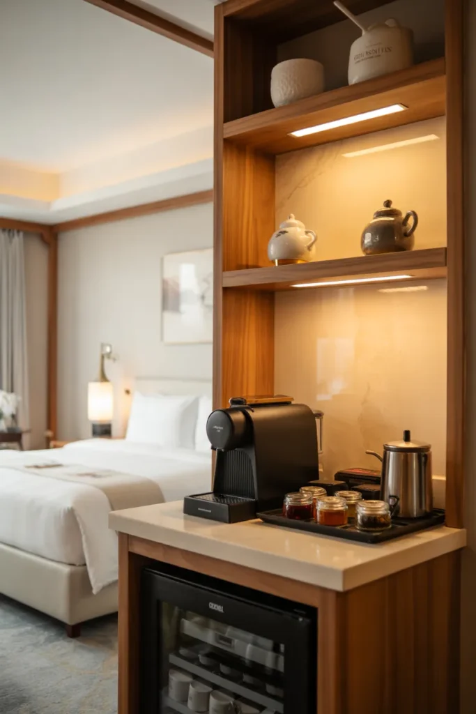 Boutique hotel-style coffee station with espresso machine, tea setup, warm wood shelving, and soft lighting in a modern guest suite.