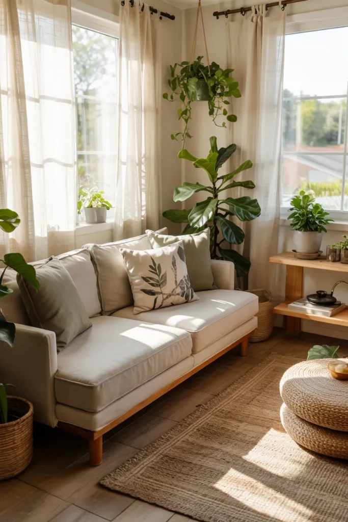 Modern biophilic summer living room with indoor plants, natural light, green accents, wood textures, and full fresh nature-inspired interior view.