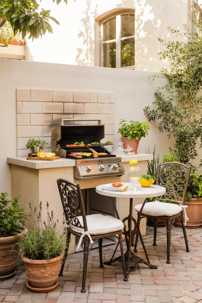 A compact bistro-style BBQ patio with a slim grill, small café seating, potted herbs, and a charming European-inspired summer design in a tiny outdoor space.