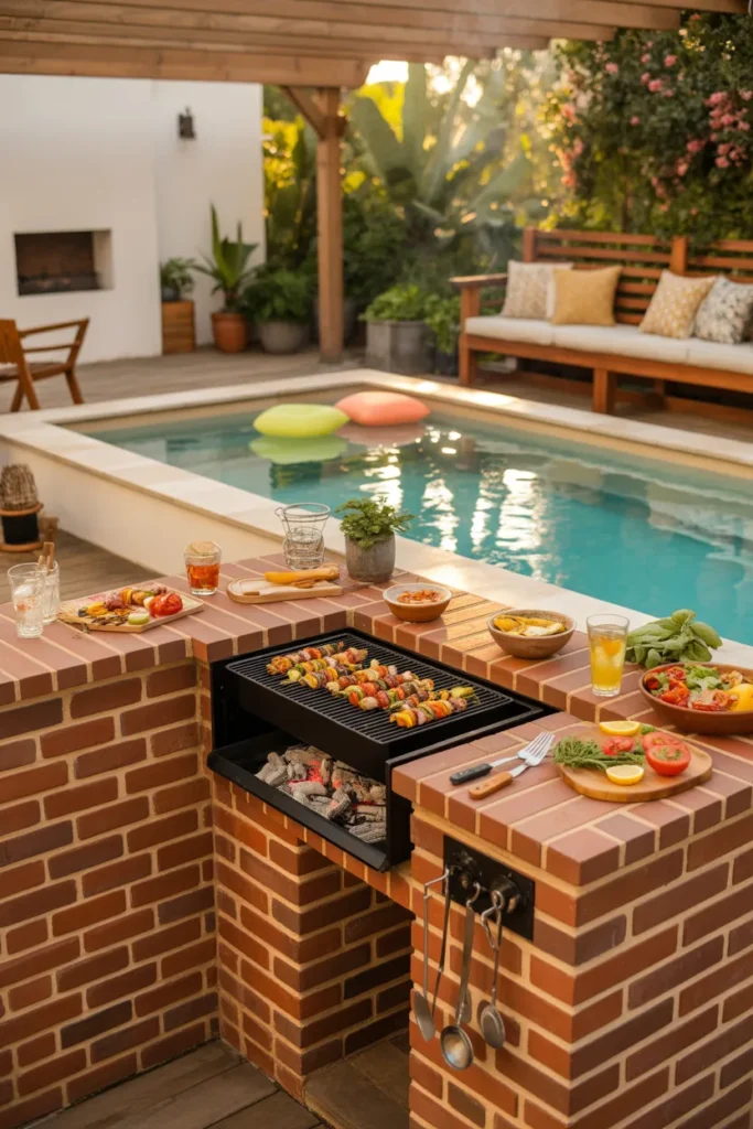A rustic budget-friendly brick BBQ corner with a built-in charcoal grill, colorful summer foods, and a fresh turquoise plunge pool set against a modern backyard backdrop.