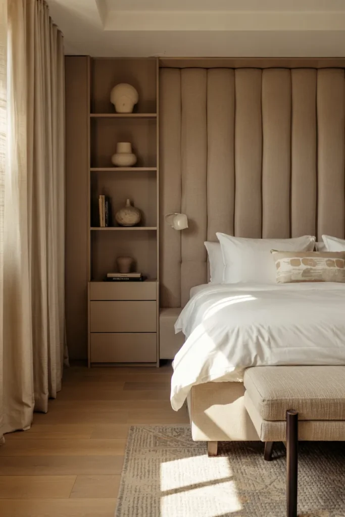 Boutique hotel-style bedroom with built-in bed wall, upholstered headboard, integrated cabinetry, and a perfectly made luxury bed.