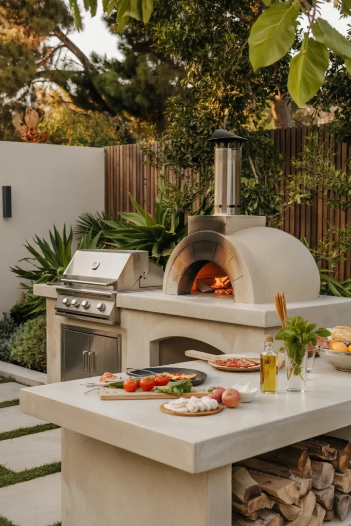 An outdoor BBQ station with a built-in pizza oven and grill, styled with fresh summer ingredients and a modern backyard setting with optional plunge pool.