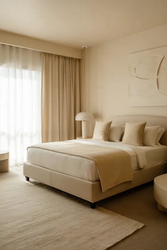 Soft minimal boutique hotel bedroom in beige, oat, and warm neutrals with a perfectly made bed, textured headboard, and calm cocoon atmosphere.