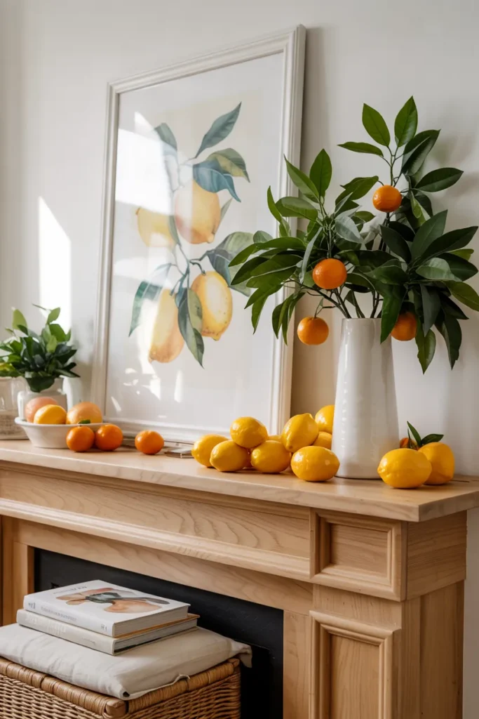 Summer citrus-themed fireplace mantel with ceramic lemons and oranges, slim white vase with green branches, and bright Mediterranean-inspired decor on a natural oak mantel.