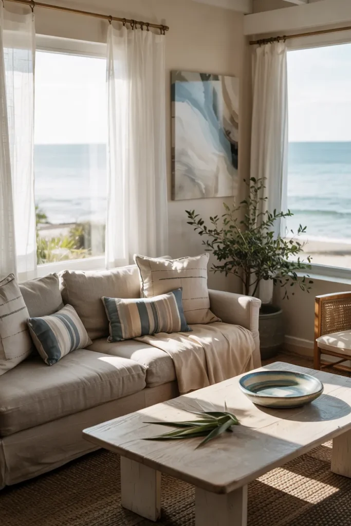 Modern coastal summer living room with soft blue accents, sandy neutral tones, light wood furniture, airy sunlight, and full breezy interior view.
