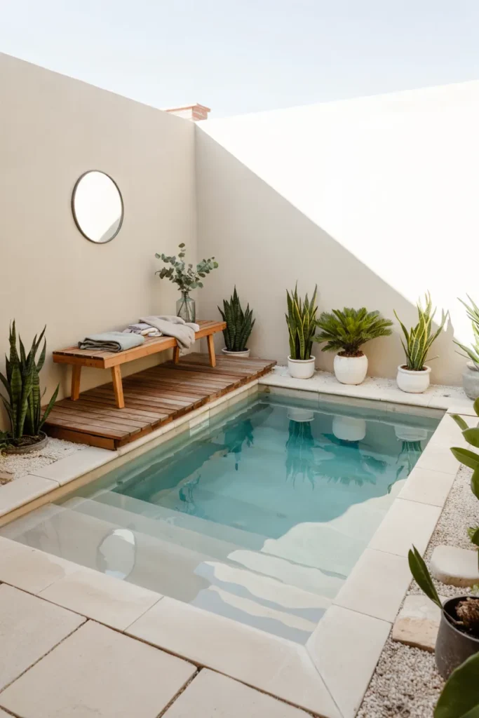Modern DIY concrete block plunge pool with smooth white render, turquoise water, wooden deck, and minimalist summer backyard styling.