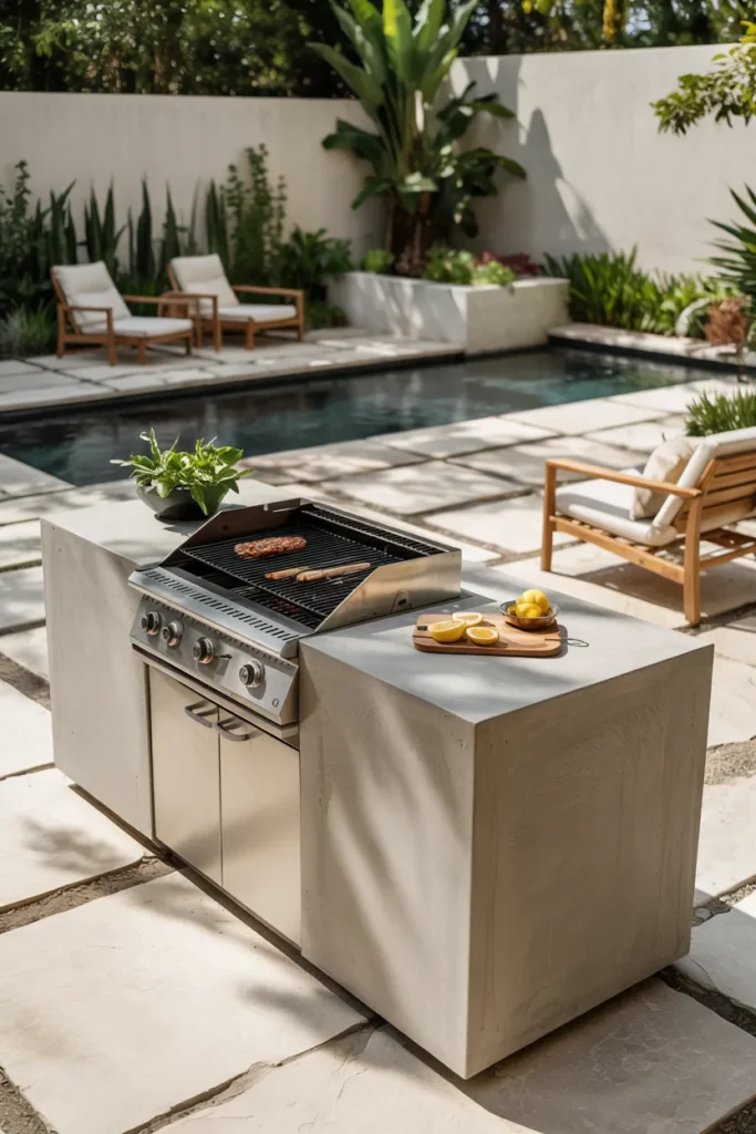 A modern minimalist concrete BBQ island with clean lines, built-in grill, and neutral tones set in a stylish architectural backyard with optional plunge pool.