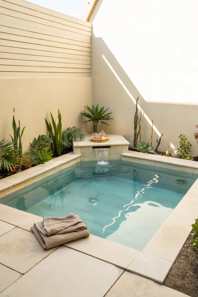 Small corner plunge pool with clear aqua water, modern patio tiles, wooden accents, and fresh greenery in a compact backyard space.