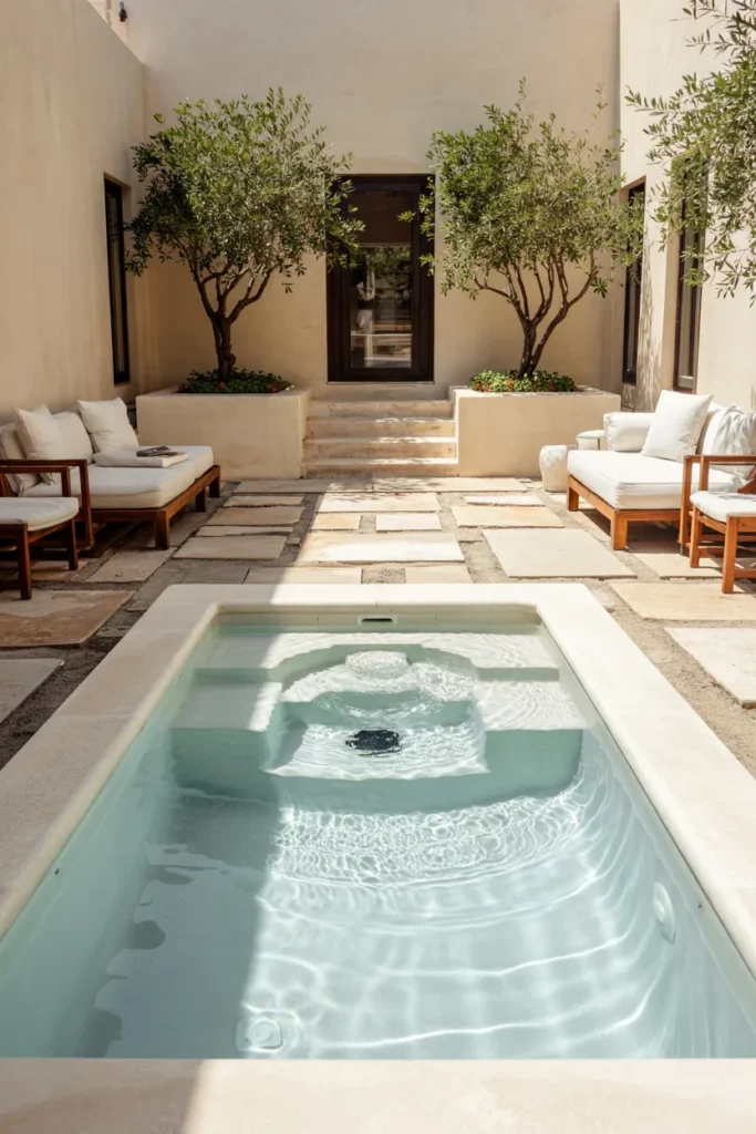 Small courtyard plunge pool centered in a modern patio with clear aqua water, stone pavers, greenery, and a luxury summer feel.
